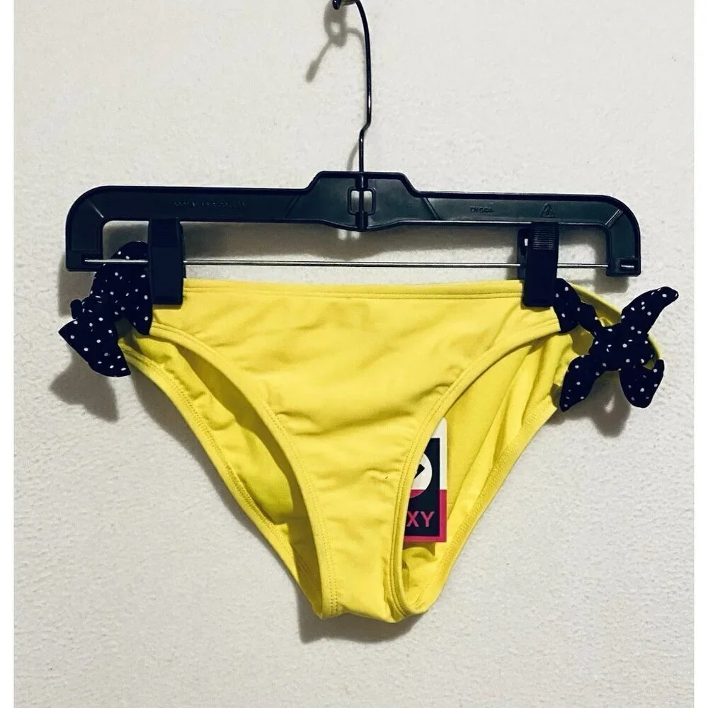 Roxy Swimwear Womens Medium Bright Yellow Bikini Bottom Polka Dot Side Ties Boho